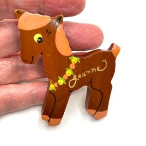 Ktichy Pony Brooch "Jeanne" Vintage Wooden Hand Painted Large Pin